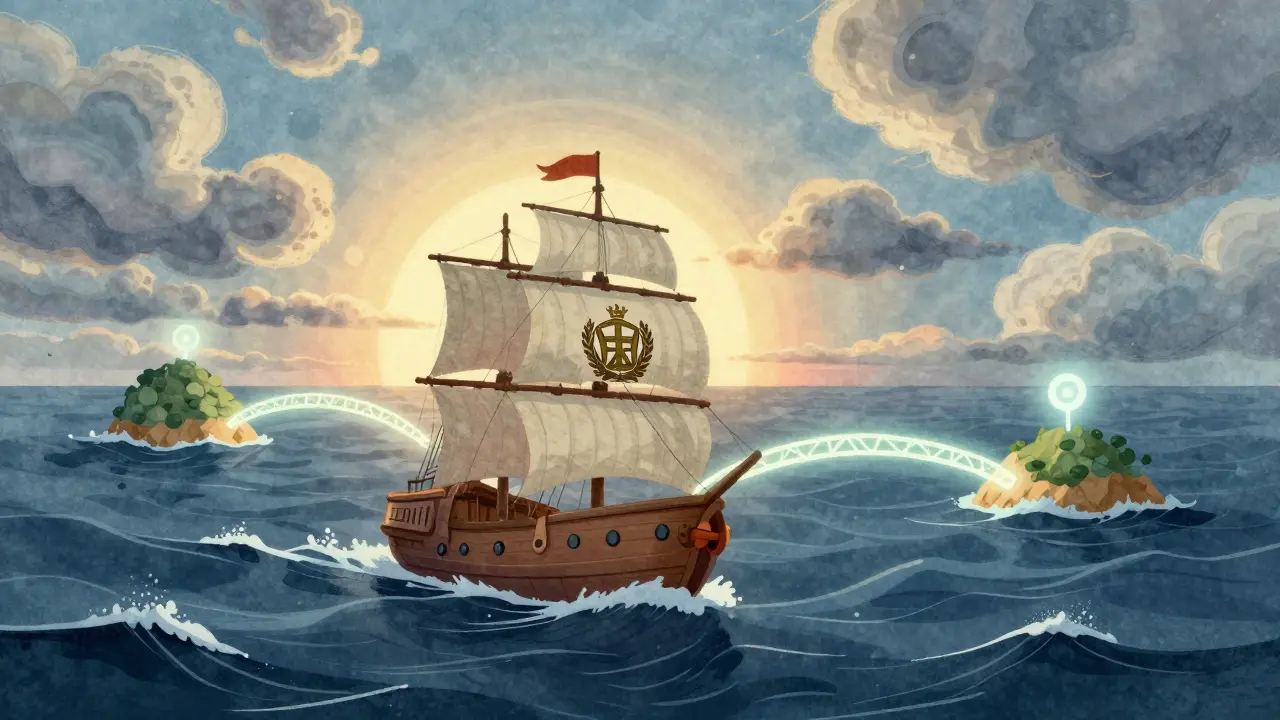 Ship sailing rough seas between glowing islands.