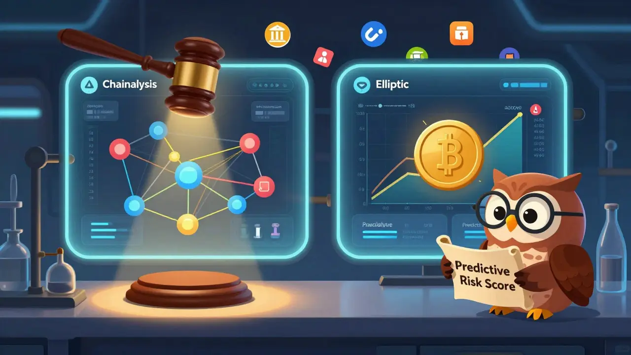 Side-by-side dashboards of Chainalysis and Elliptic, with one showing investigation data and the other predictive risk alerts.