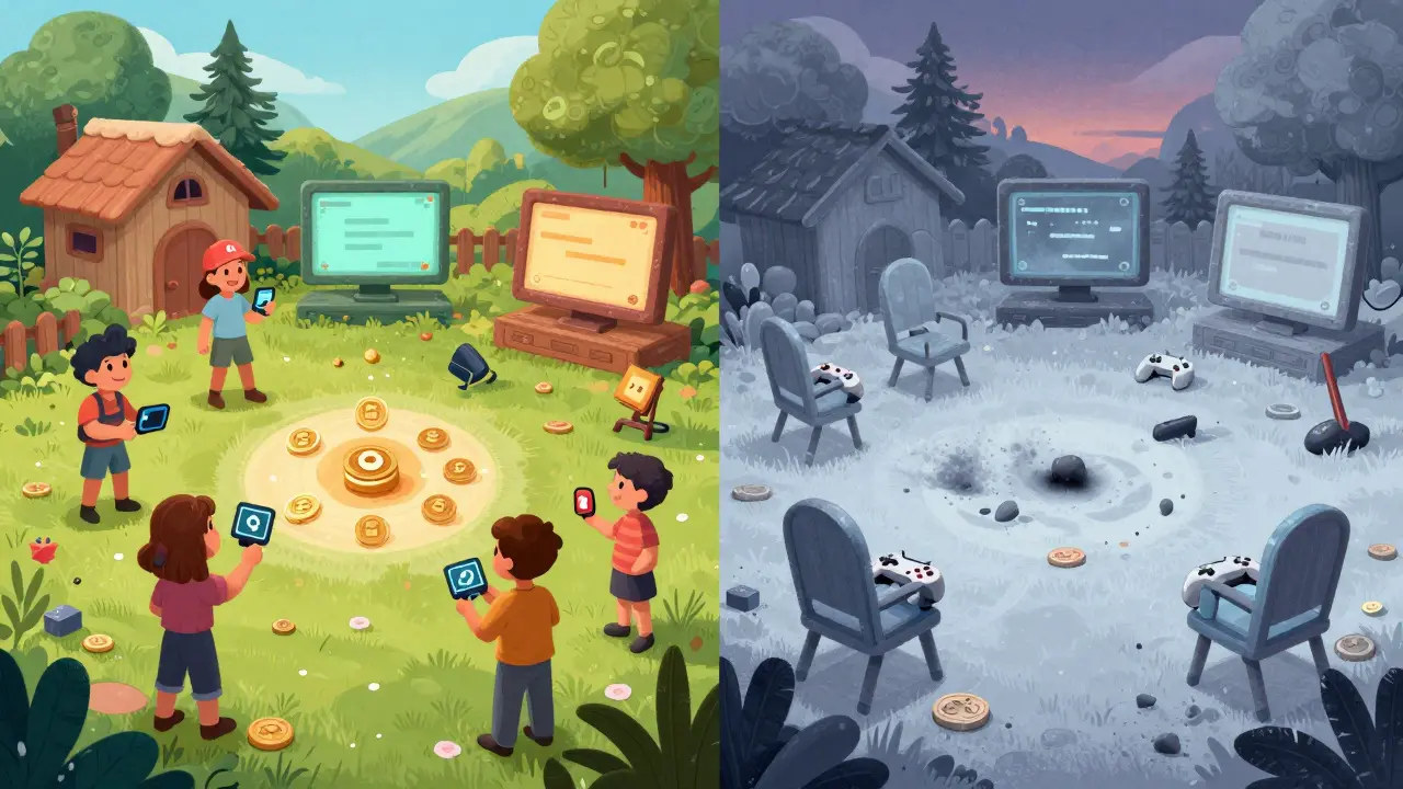 Side-by-side scene: one side lively with DeFi activity, the other frozen and abandoned with error screens.