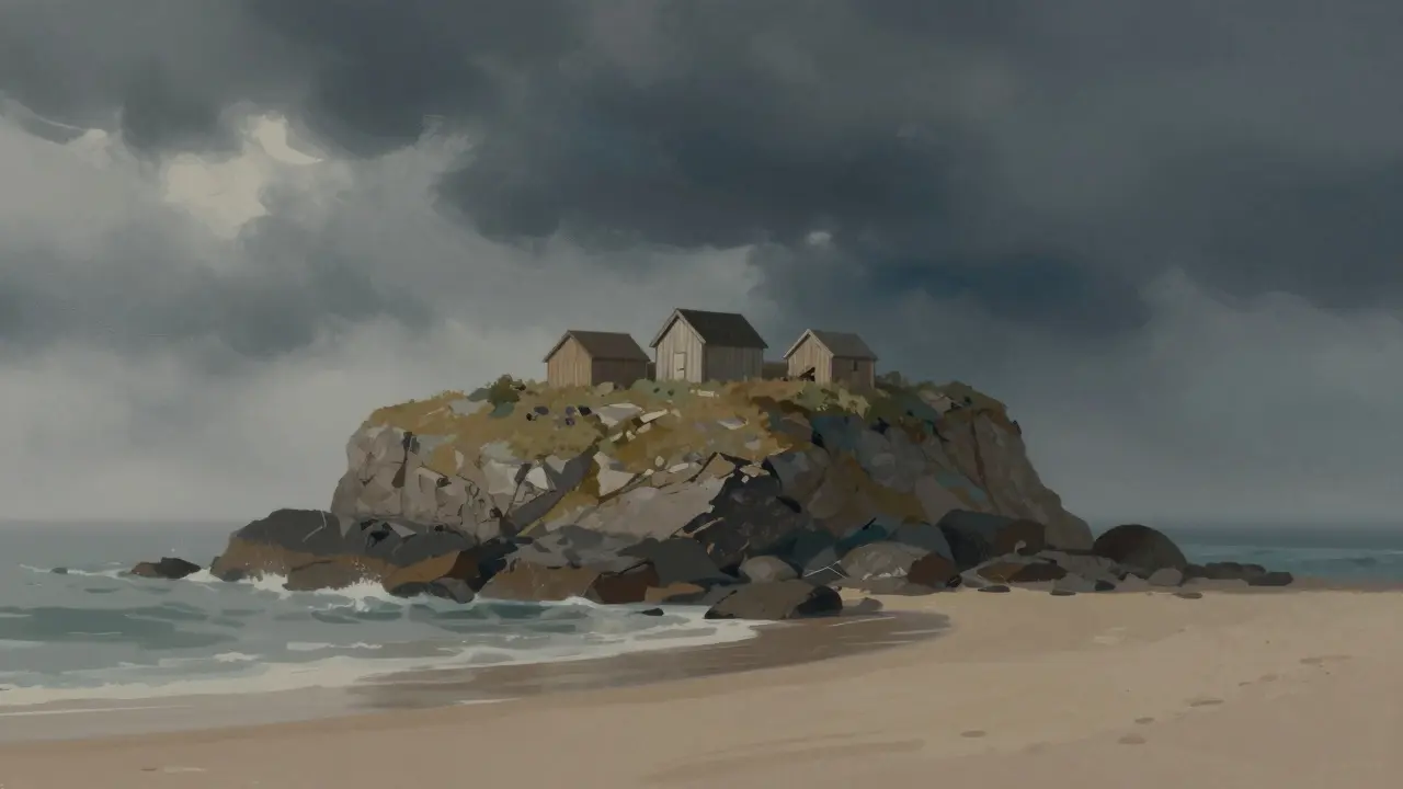 Solitary island with few cottages under stormy cloud cover.