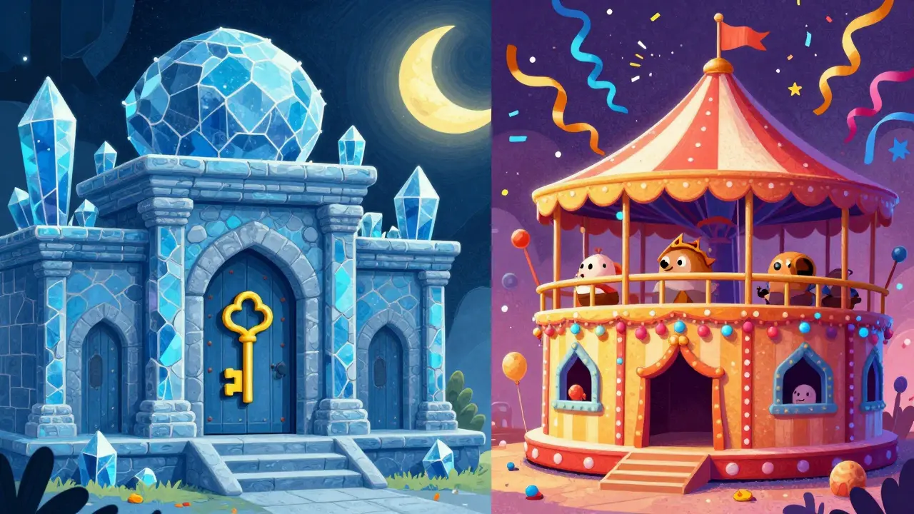 Split scene comparing secure crystal vault to vibrant carnival celebration.