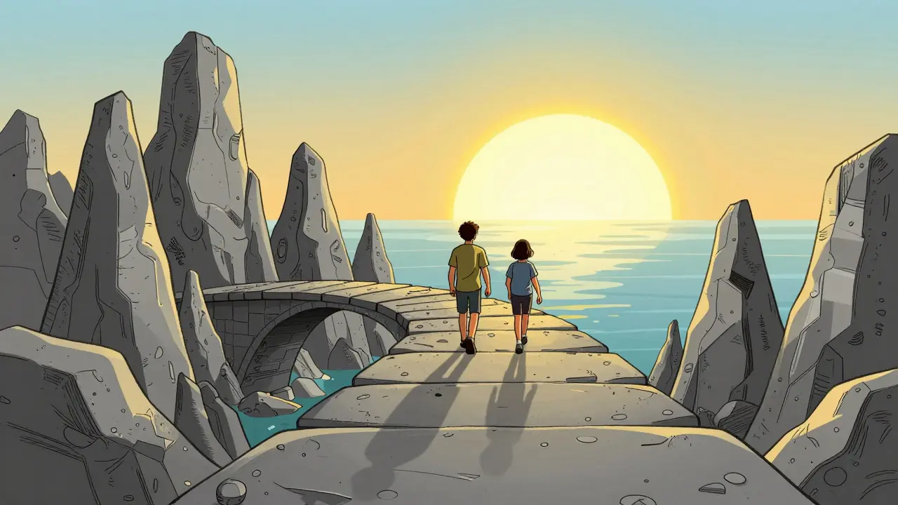 Travelers walk smooth bridge past jagged fee rocks.