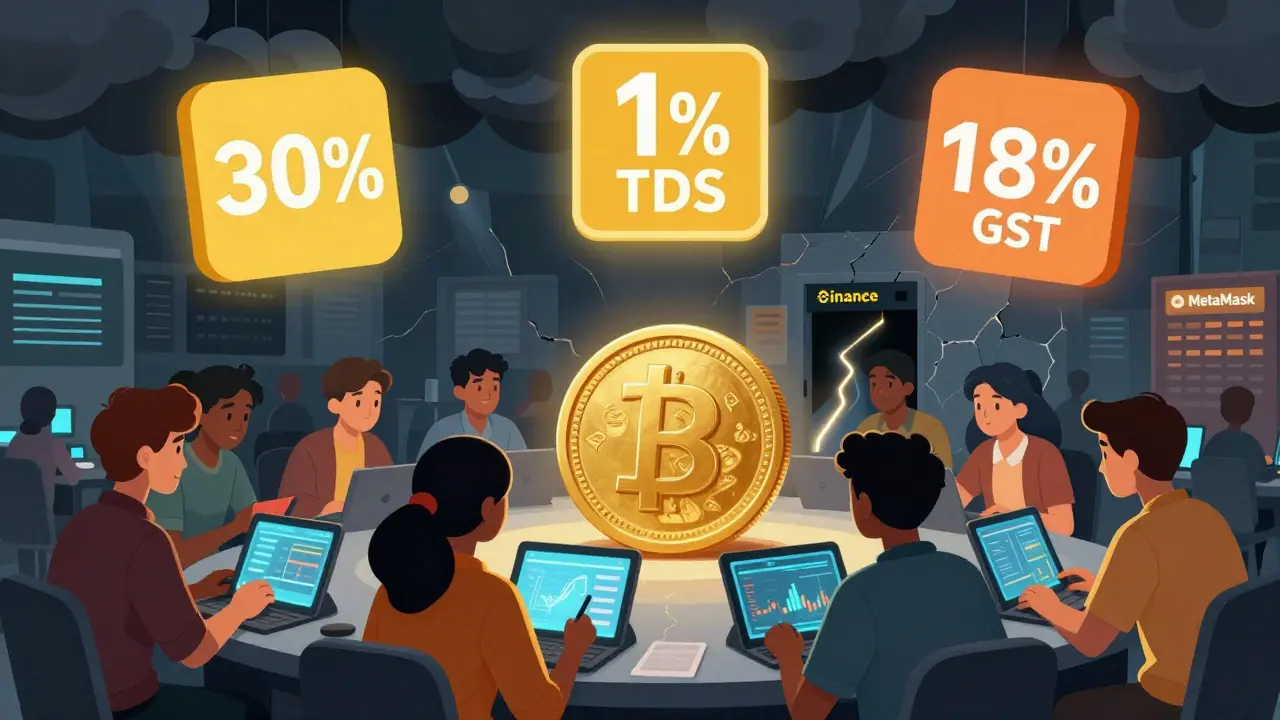 Young traders in Mumbai surrounded by floating tax icons, while a digital rupee glows untouched in the center.
