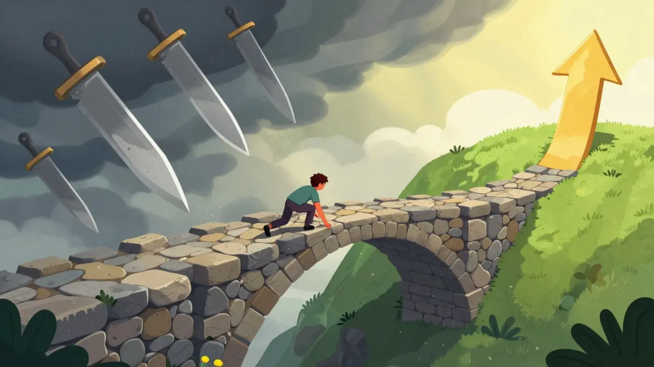 A character building a stone bridge to safely cross a chasm while knives fall from the sky.