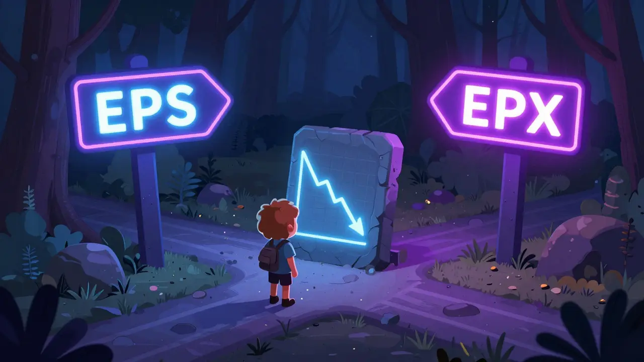 A confused traveler at a crossroads between EPS and EPX signs in a digital forest.