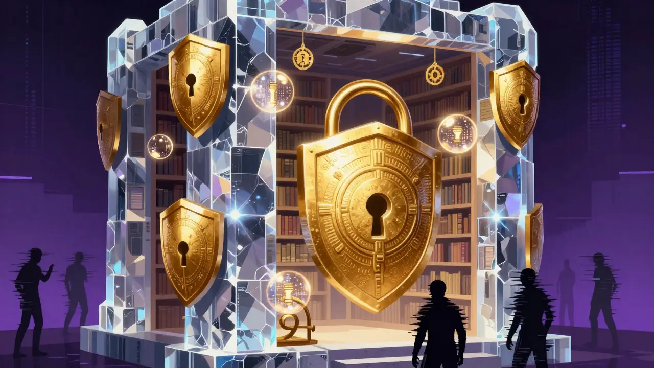 A crystalline digital fortress protecting data with glowing golden shields.