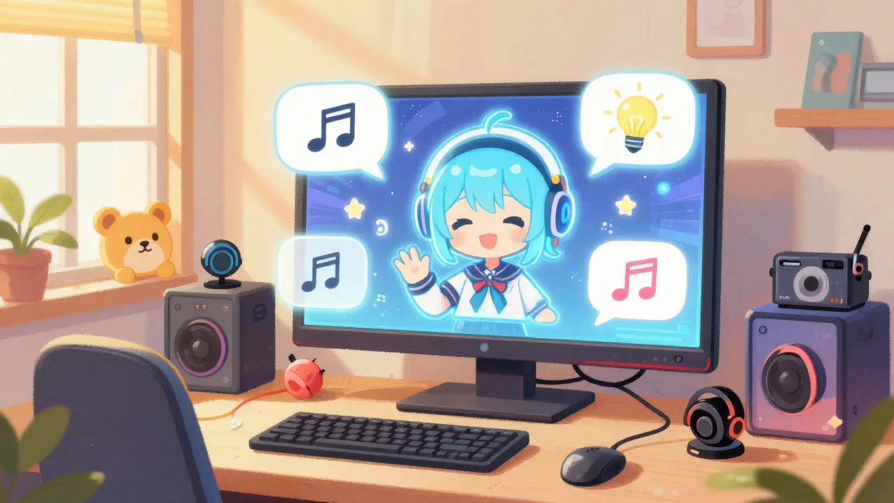 A cute VTuber avatar in a colorful streaming studio with AI-powered speech bubbles.