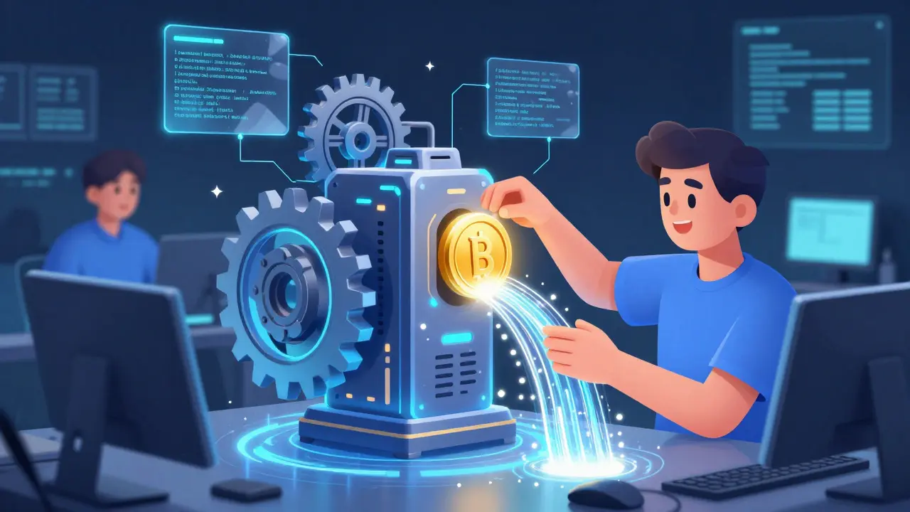 A developer using a golden token to unlock a high-speed stream of data in a digital workshop.