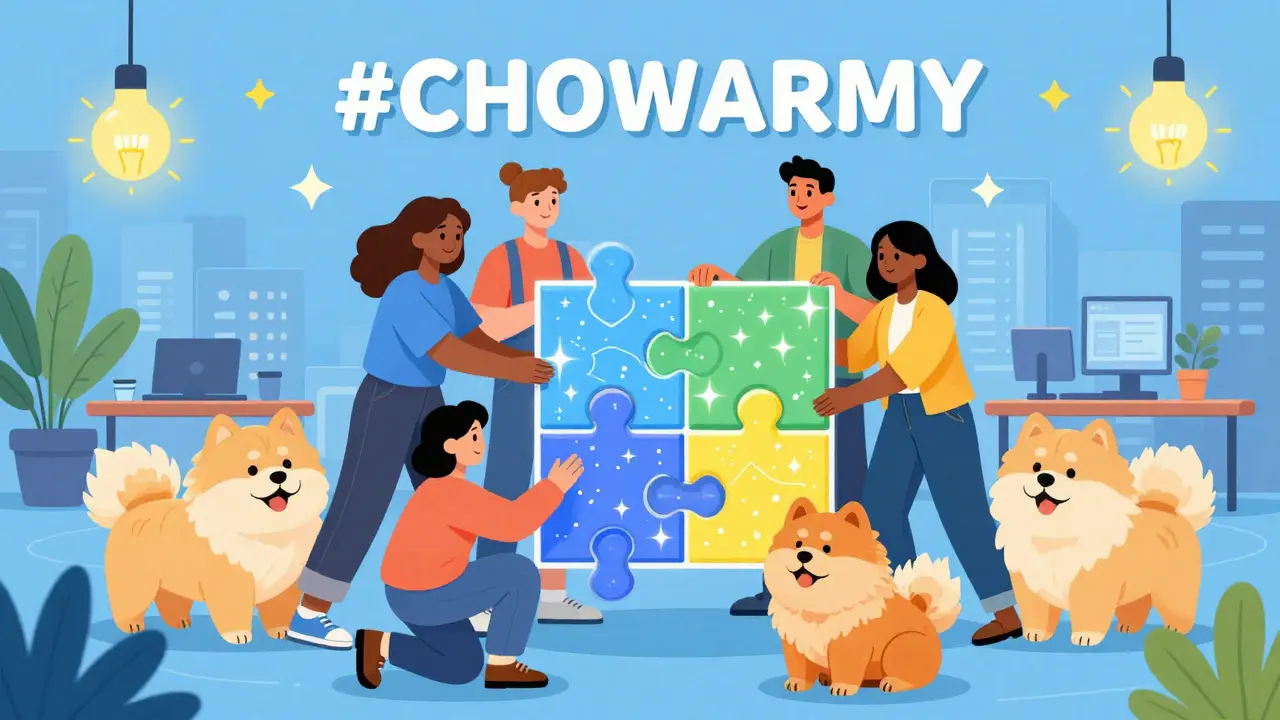 A diverse group of people and Chow Chow dogs collaborating to build a sparkling digital puzzle.