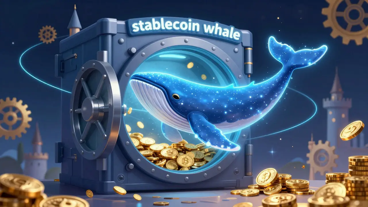 A giant glowing cosmic whale moving gold coins into a secure floating digital vault.