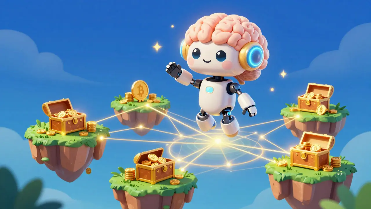 A glowing AI robot connecting to floating exchange islands with holographic threads.