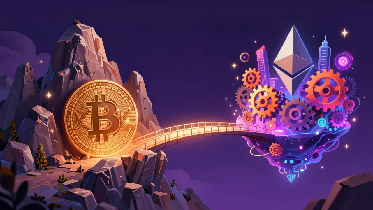 A glowing bridge connecting a rocky mountain and a futuristic city