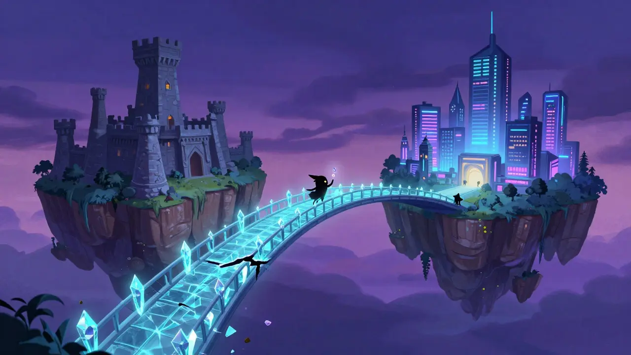 A glowing crystalline bridge connecting a stone fortress to a futuristic floating city.