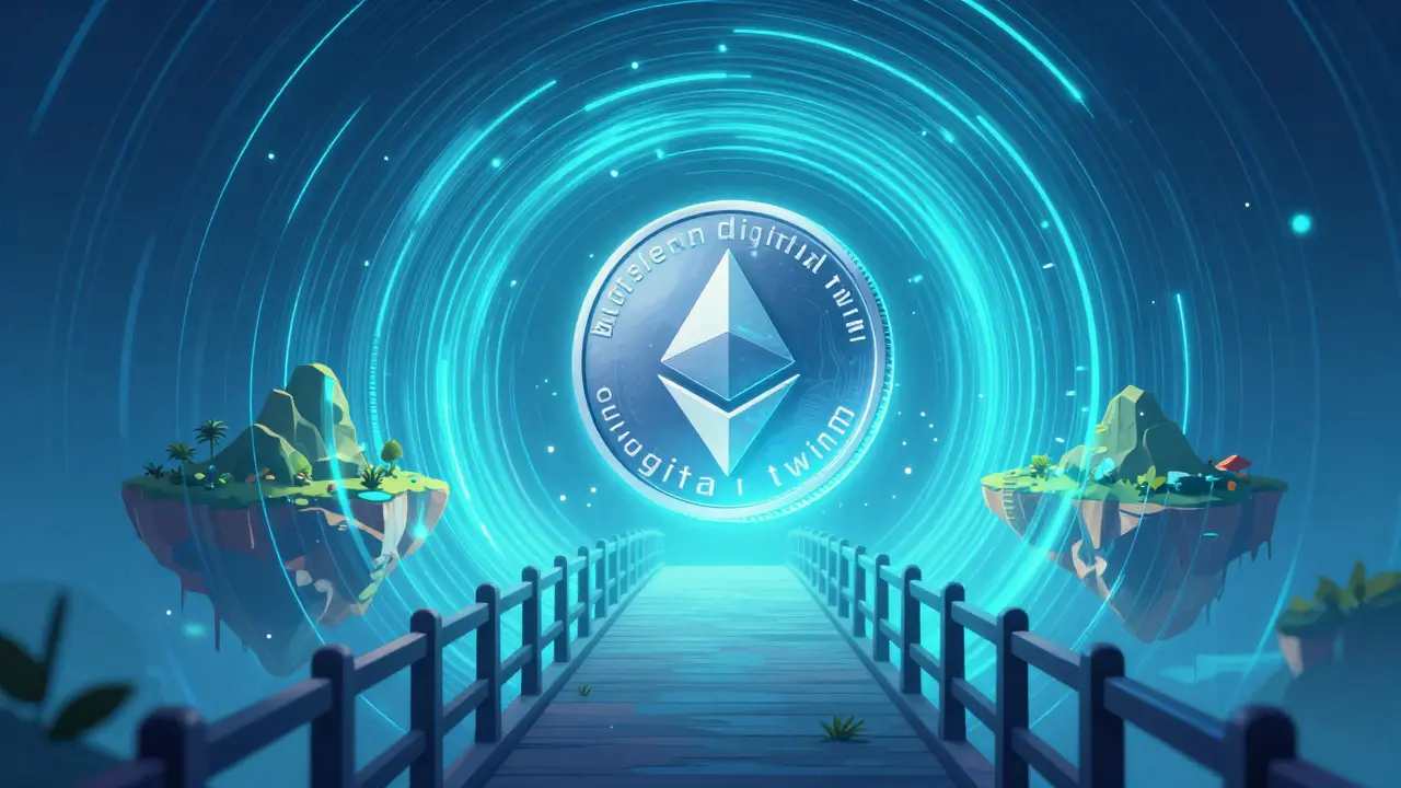 A glowing holographic tunnel allowing a digital coin to pass securely between two blockchain worlds.