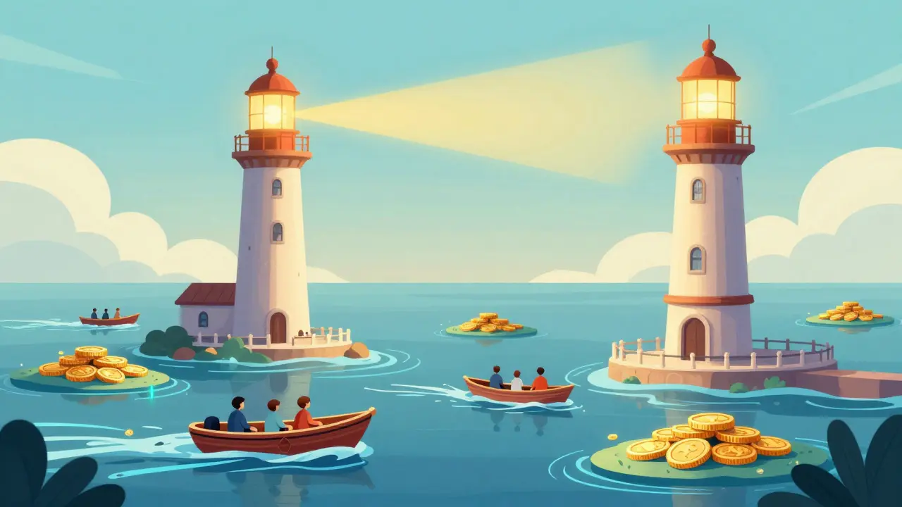 A golden lighthouse protecting small boats in a digital ocean of data and coins.