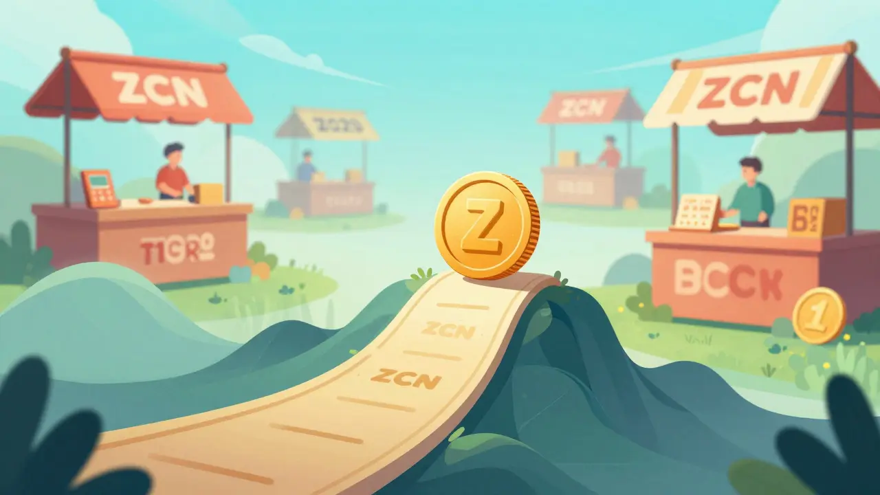 A golden ZCN coin on a wavy mountain path with market stalls.