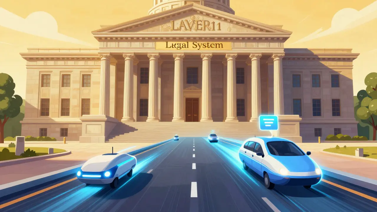 A grand stone courthouse contrasted with a high-speed, glowing blue express lane.