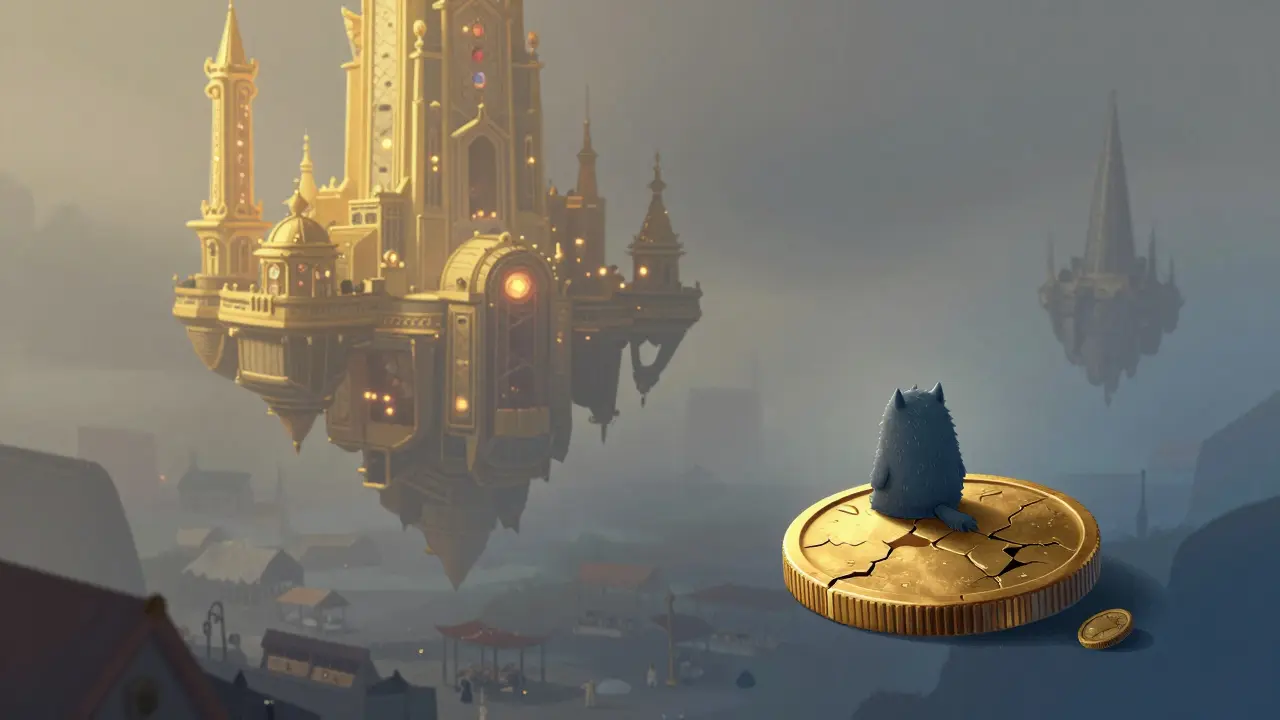 A lonely monster sitting on a cracked gold coin in a fading, misty floating city.