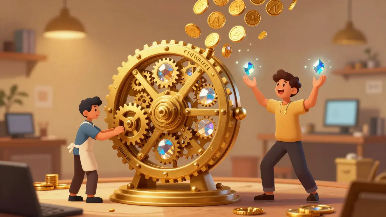 A magical golden gear wheel where developers and players exchange data for shiny tokens.