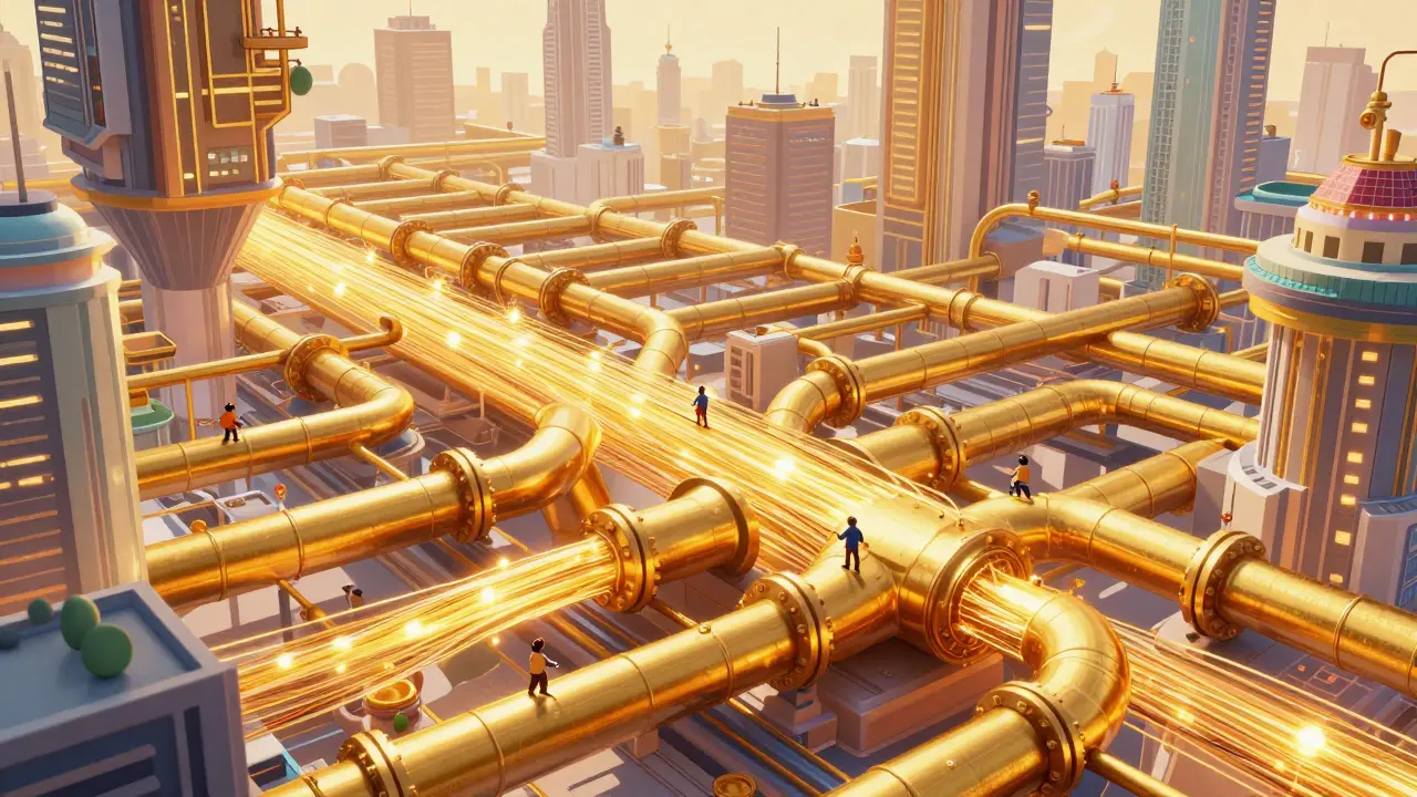 A network of glowing golden pipes forming the foundation beneath a futuristic city.