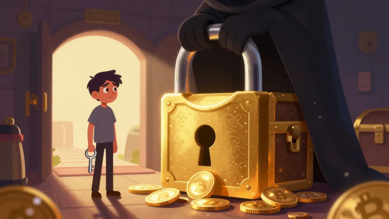 A person looking at a locked treasure chest held by a shadowy cloaked figure.