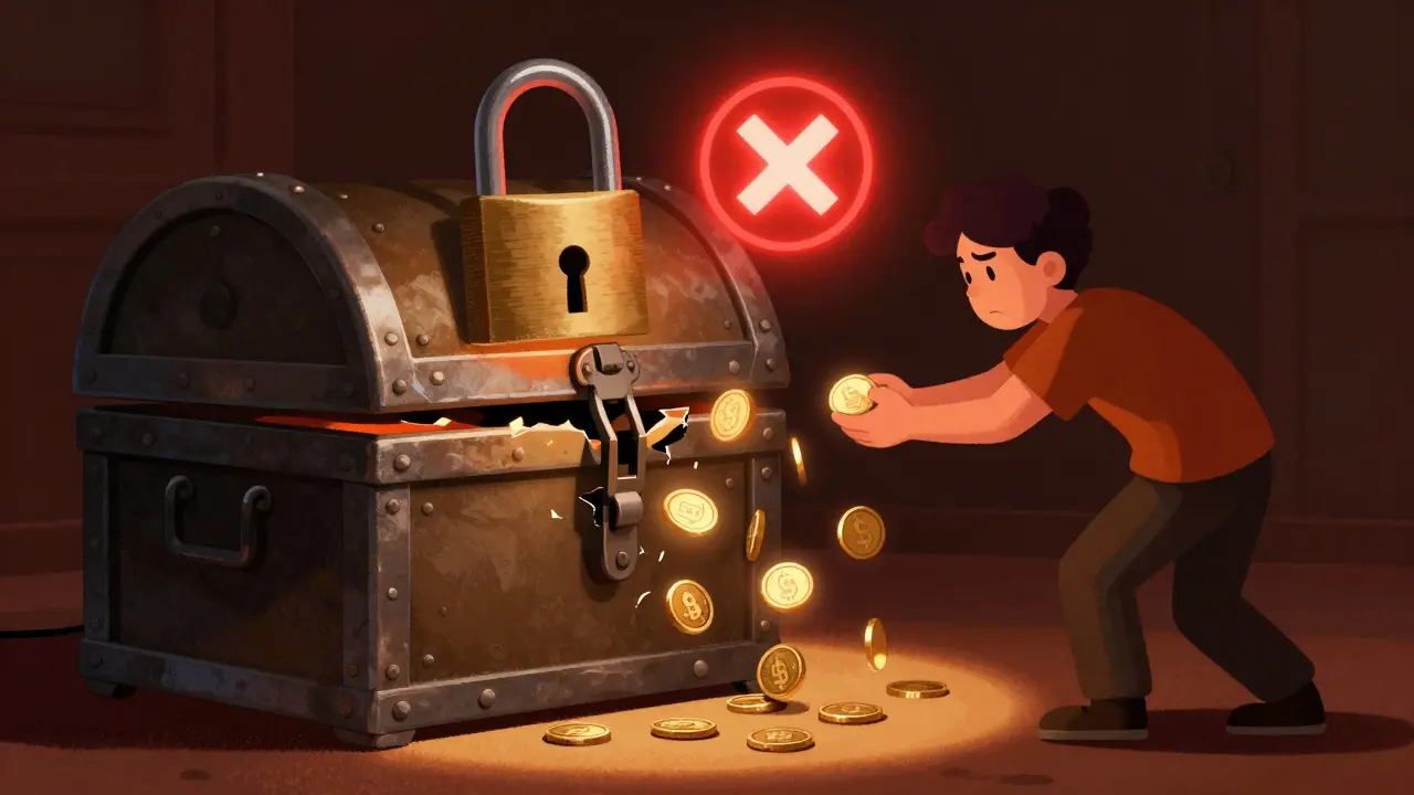 A person unable to put a digital coin into a locked treasure chest.