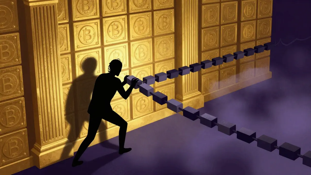 A shadow figure attempting to replace a golden blockchain wall with a darker version.