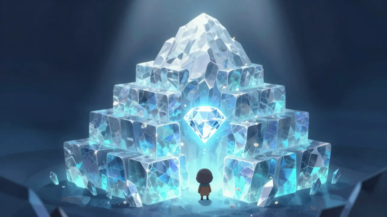 A sparkling diamond transaction buried under six layers of glowing crystalline blocks.