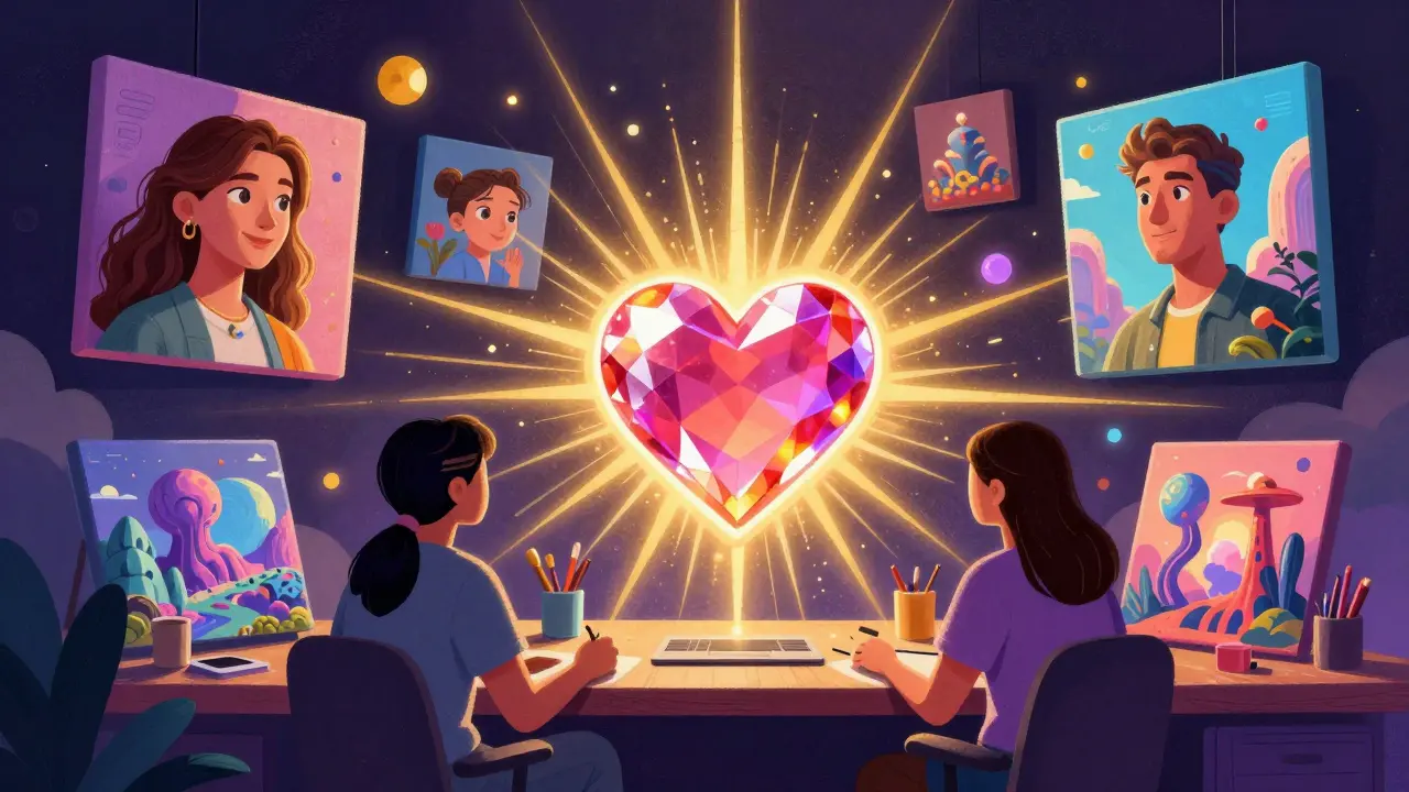 AI creative studio with a glowing heart gemstone powering digital art.