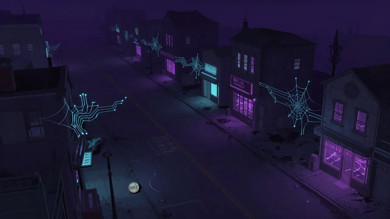 An abandoned digital city with flickering neon lights and a lonely coin.