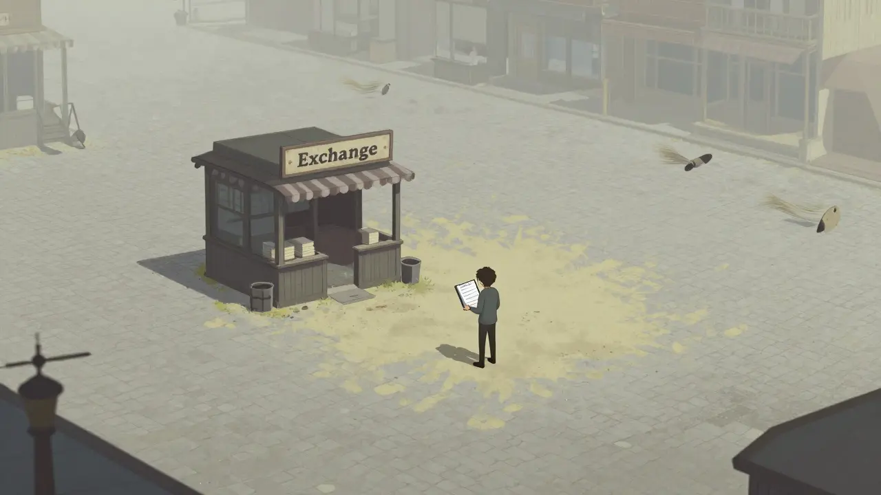 An empty digital marketplace booth in a ghost town square