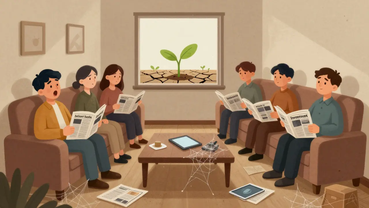 Bored investors ignoring their devices while a small green plant grows outside their window.