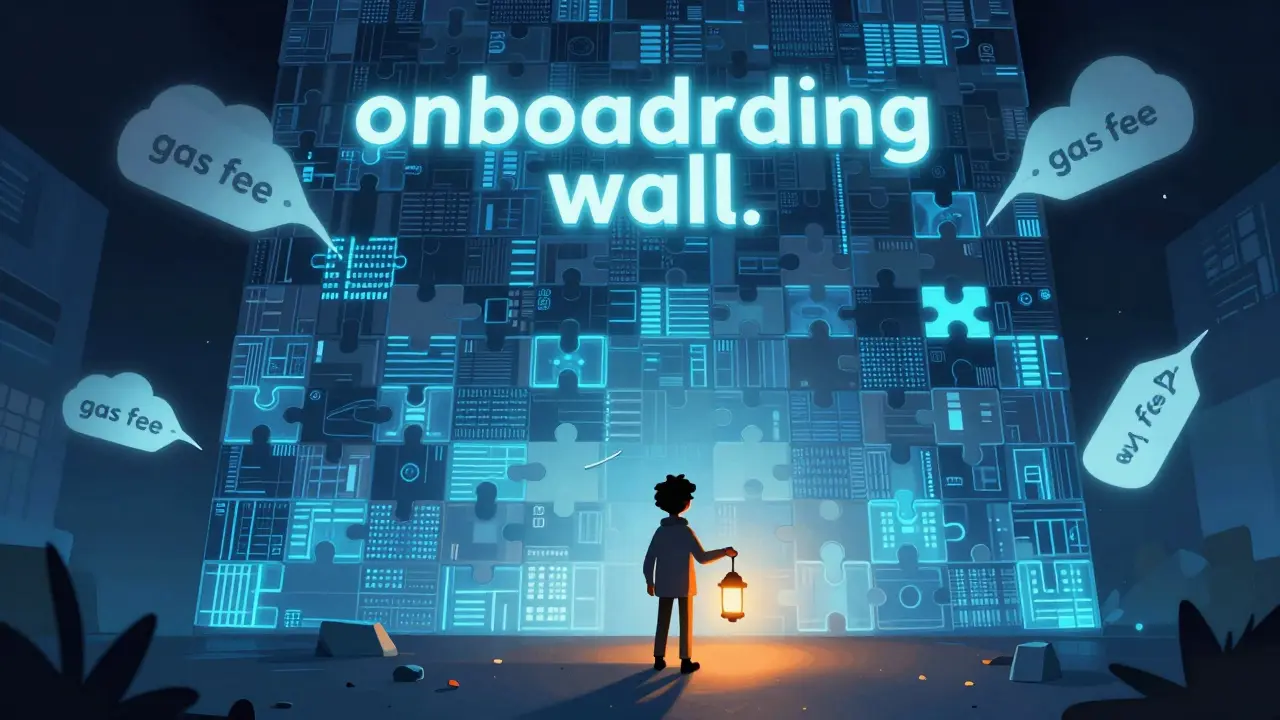 Character facing a giant wall of digital blocks and floating price tags