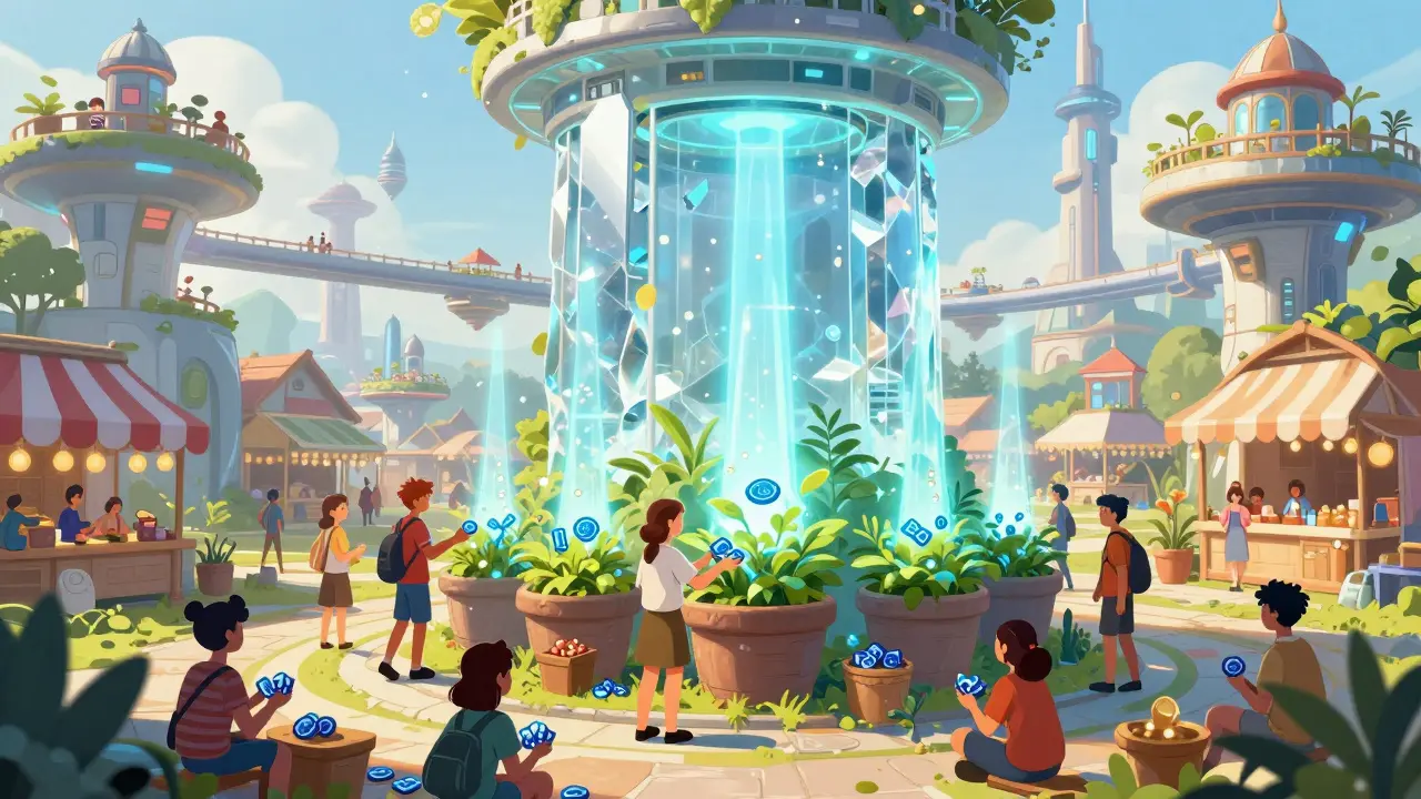 Colorful scene of characters using wrapped tokens in a decentralized marketplace.