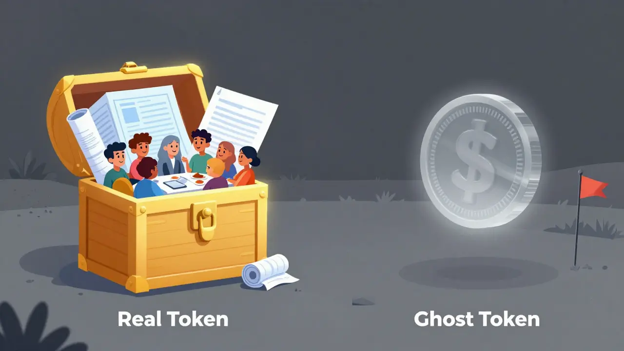 Comparison between a legitimate crypto project with a community and a ghostly, empty fake token.