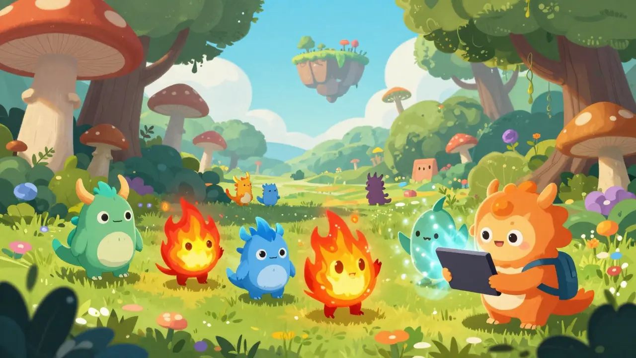 Cute colorful monsters in a magical fantasy forest landscape with a character collecting them.
