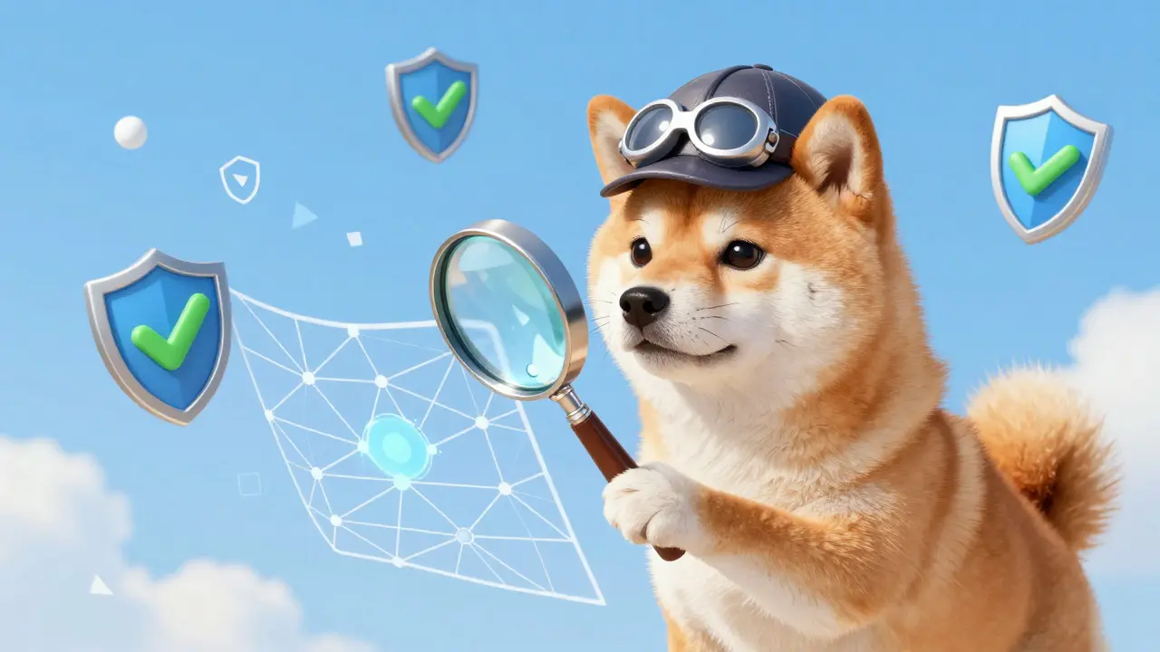 Detective Shiba Inu dog using a magnifying glass to verify a secure digital network
