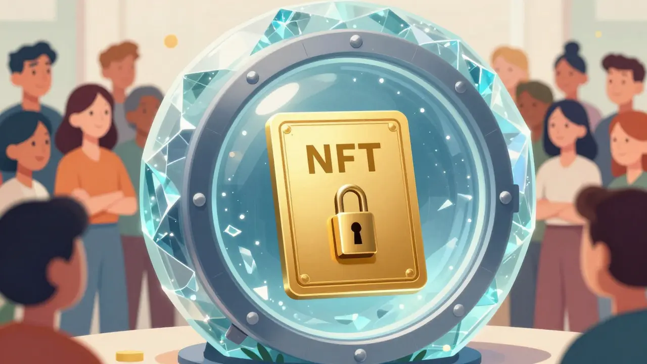 Digital NFT certificate being locked into a shimmering crystal vault.