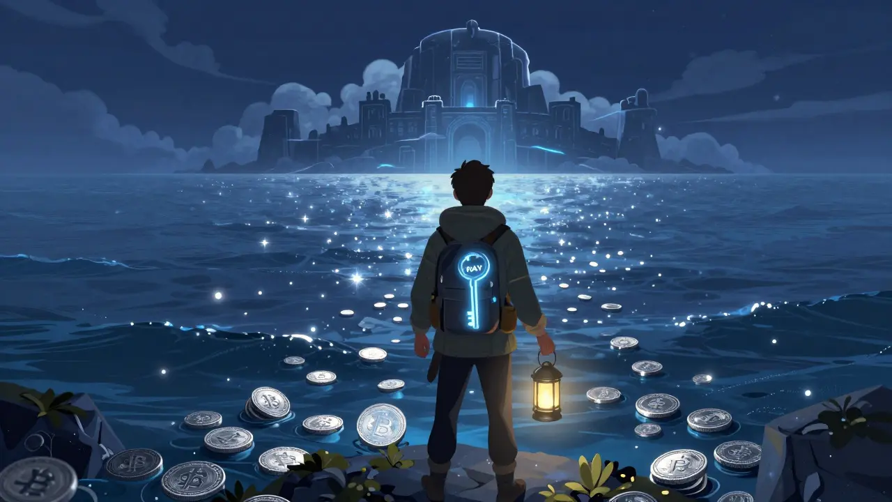 Digital traveler with a glowing key and lantern overlooking a sea of tokens