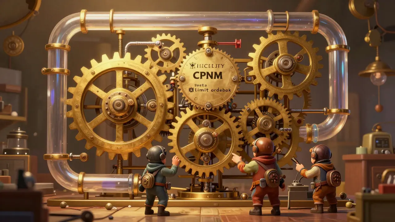 Fantasy mechanical gears and pipes representing a hybrid crypto exchange model
