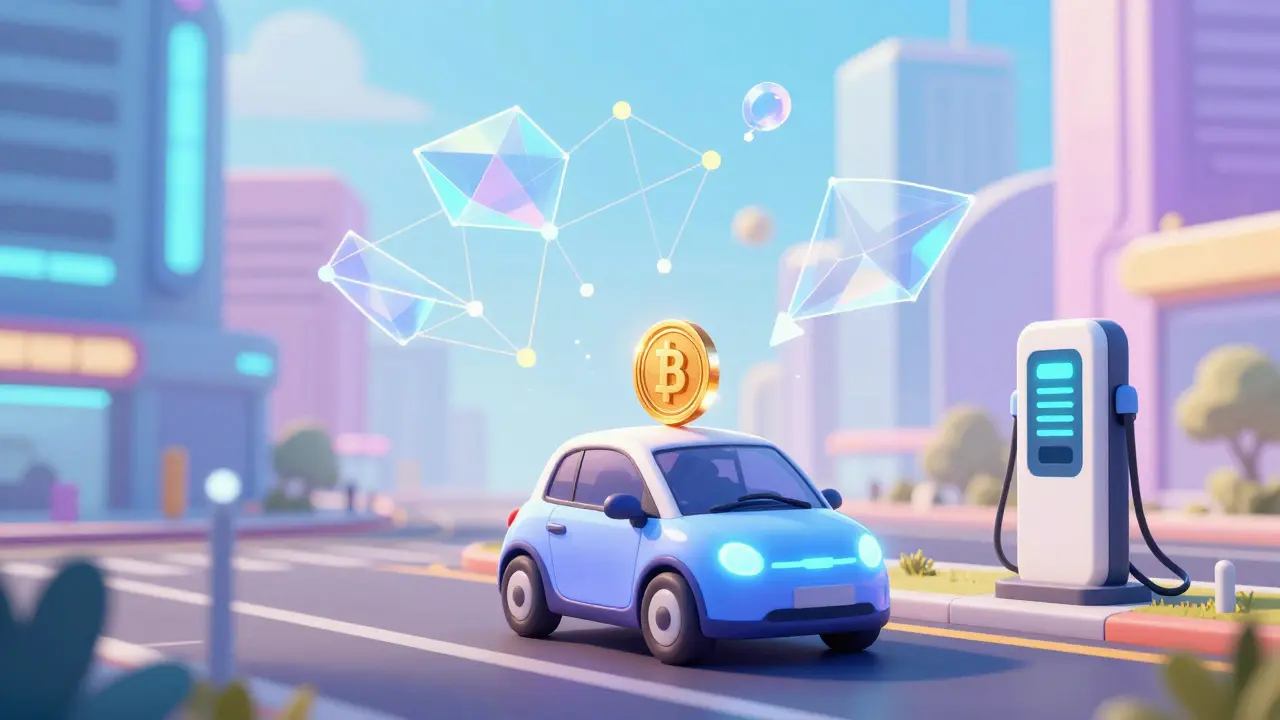 Futuristic city with a self-driving car making a digital payment