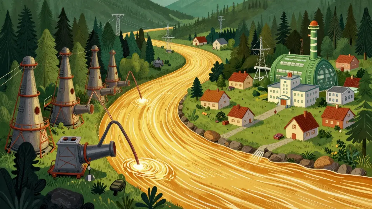 Illustrative golden river of energy being consumed by crypto machines while a village waits.