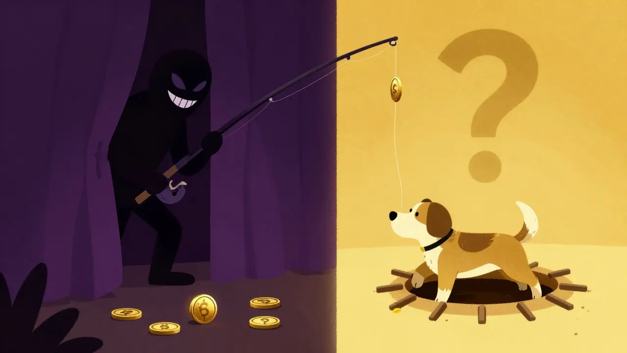 Illustrative scene showing a scammer using a digital coin as bait for a Shiba Inu