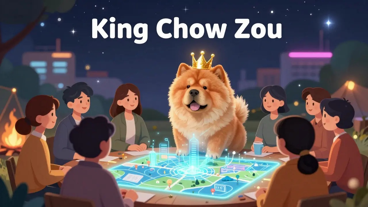 King Chow Zhou, a crowned Chow Chow dog, leading a community meeting around a holographic map.