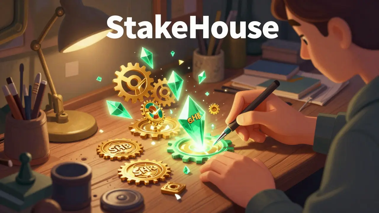 Magical artisans crafting glowing crystalline NFT tokens in a cozy workshop.