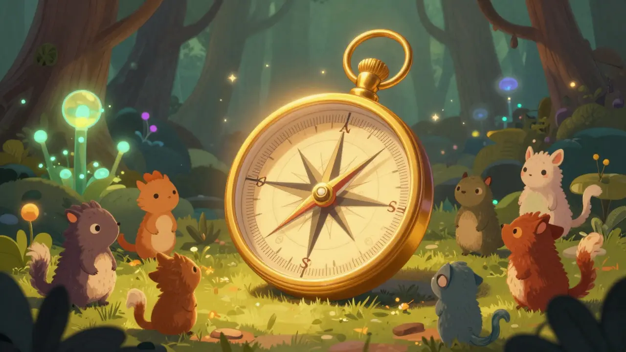 Magical golden compass held by woodland creatures in a bioluminescent forest