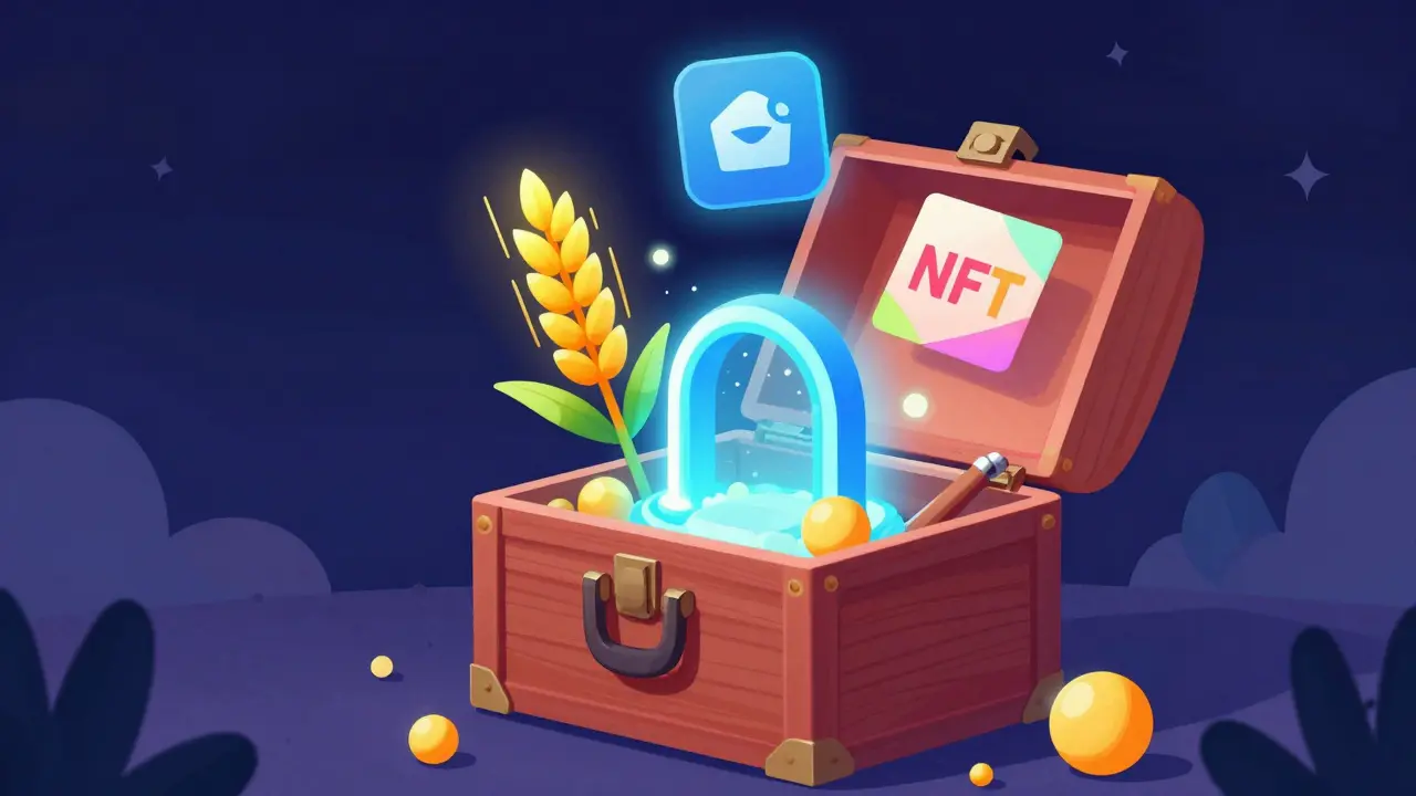 Magical tool chest releasing glowing symbols for farming, bridging, and digital art