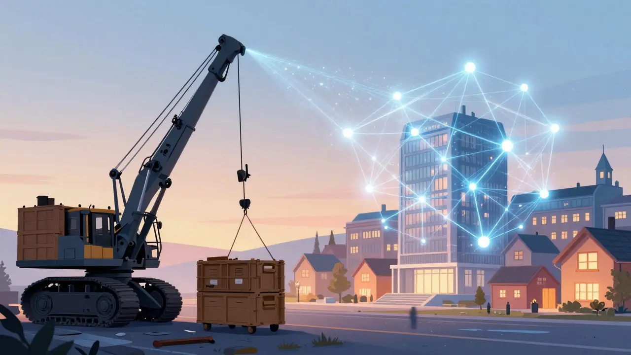 Mining rigs moving away as a glowing, efficient digital network warms a modern city building.