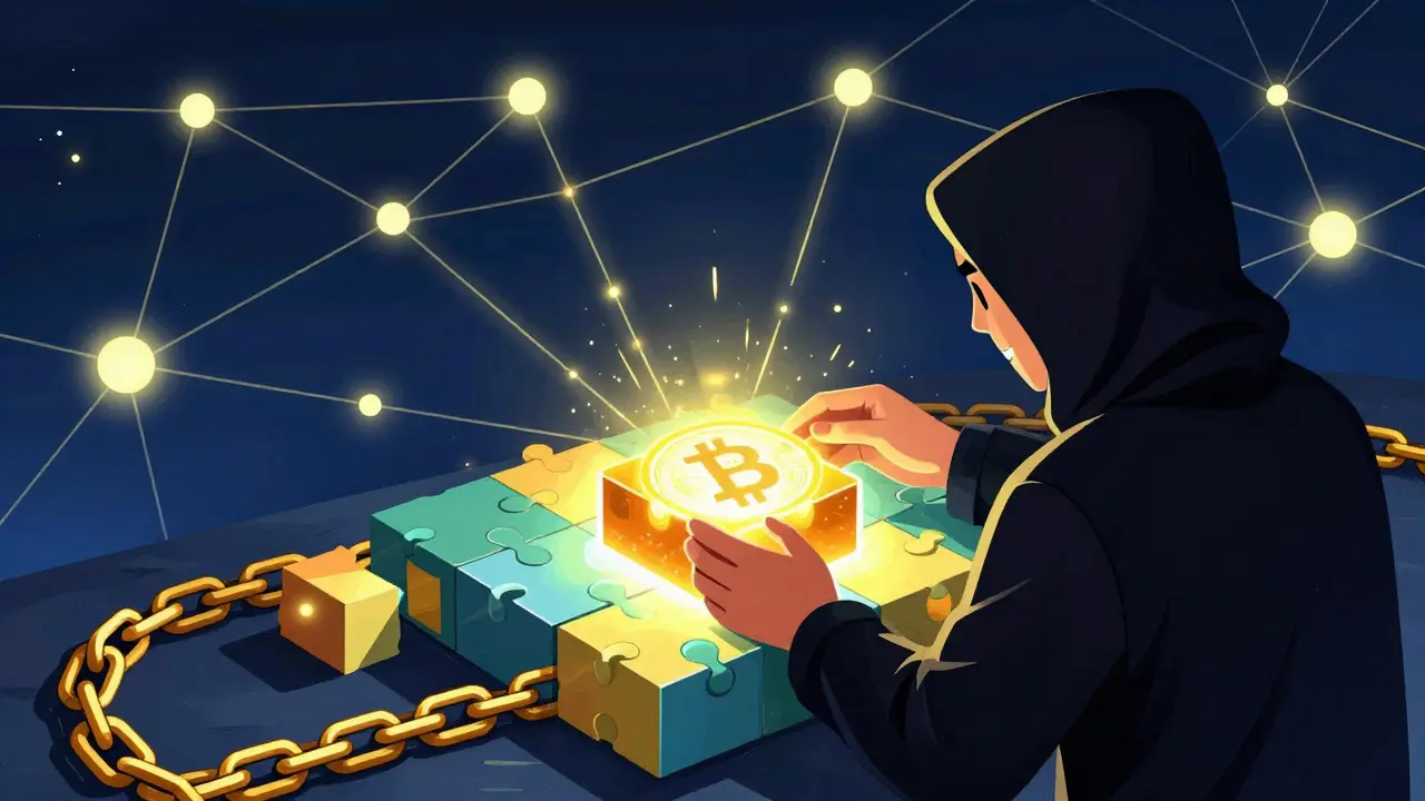 Mysterious figure assembling a glowing puzzle of golden blocks and chains