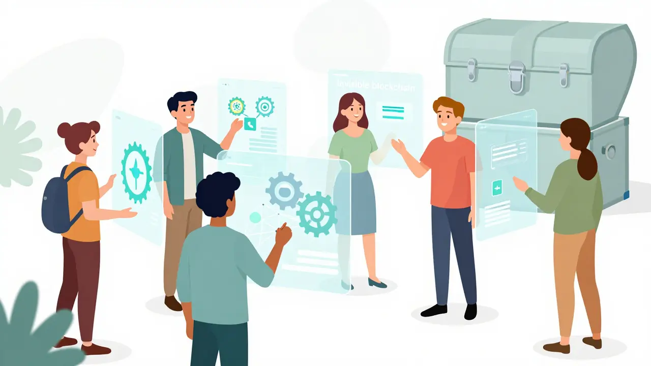 People happily using simple holographic interfaces in a bright, modern setting